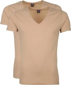 Suitable - T-shirt Beige Diepe V Hals Vitaru 2-Pack - Maat L - Slim-fit