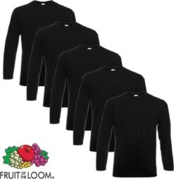 5 Fruit Of The Loom Value Weight Longsleeve T-shirt Zwart XL